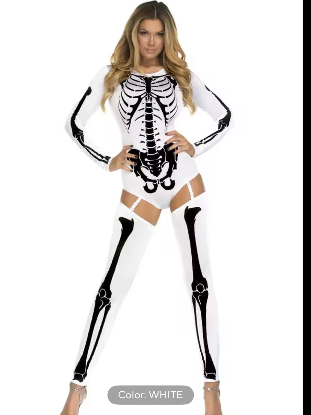 White Skeleton Bodysuit Costume with Thigh-High Bone Design